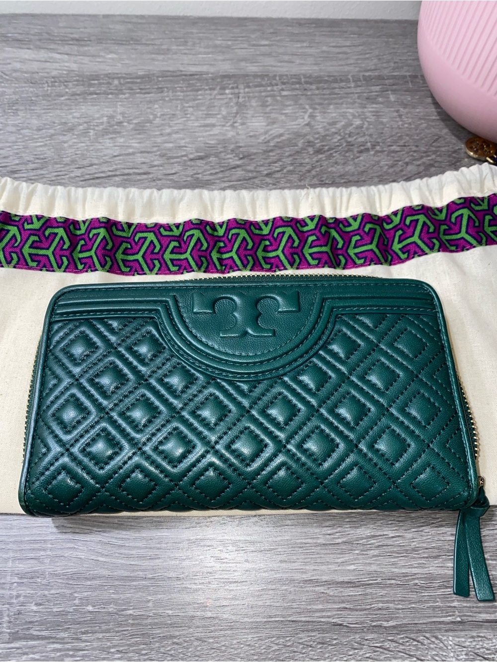 Tory Burch Quilted Green Zip Wallet